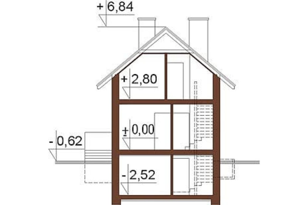 Projekt domu Bieżanowiec L-6285, parterowy z poddaszem użytkowym, podpiwniczony, z garażem - przekrój A-A