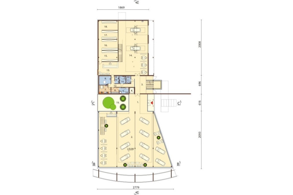 Projekt salonu samochodowego K-63, piętrowy, bez podpiwniczenia, bez garażu - rzut parteru