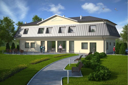 Projekt budynku usługowo - mieszkalnego K-33, piętrowy, bez podpiwniczenia, bez garażu - kolorystyka wersja 1