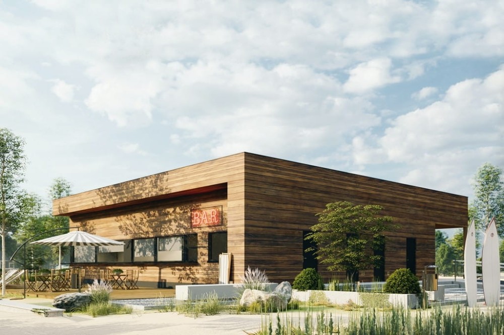 Projekt budynku gastronomicznego z zapleczem - sezonowy  K-125, komercyjny parterowy, niepodpiwniczony, bez garażu-kolorystyka wersja 1
