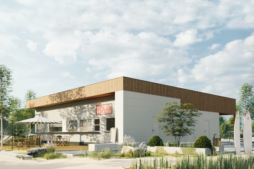Projekt budynku gastronomicznego z zapleczem - sezonowy  K-125, komercyjny parterowy, niepodpiwniczony, bez garażu-kolorystyka wersja 2