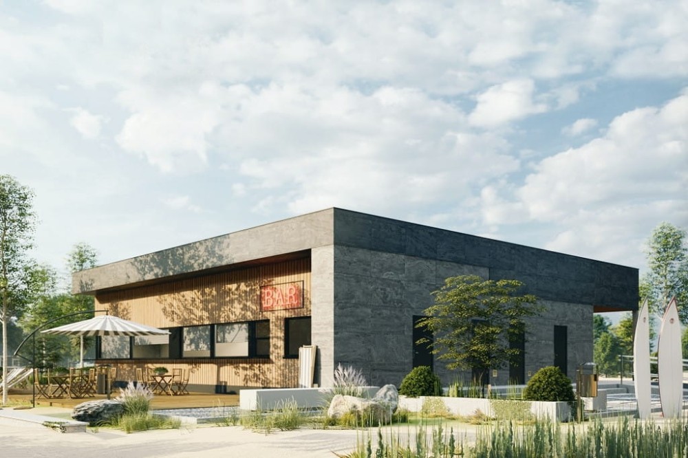 Projekt budynku gastronomicznego z zapleczem - sezonowy  K-125, komercyjny parterowy, niepodpiwniczony, bez garażu-kolorystyka wersja 3