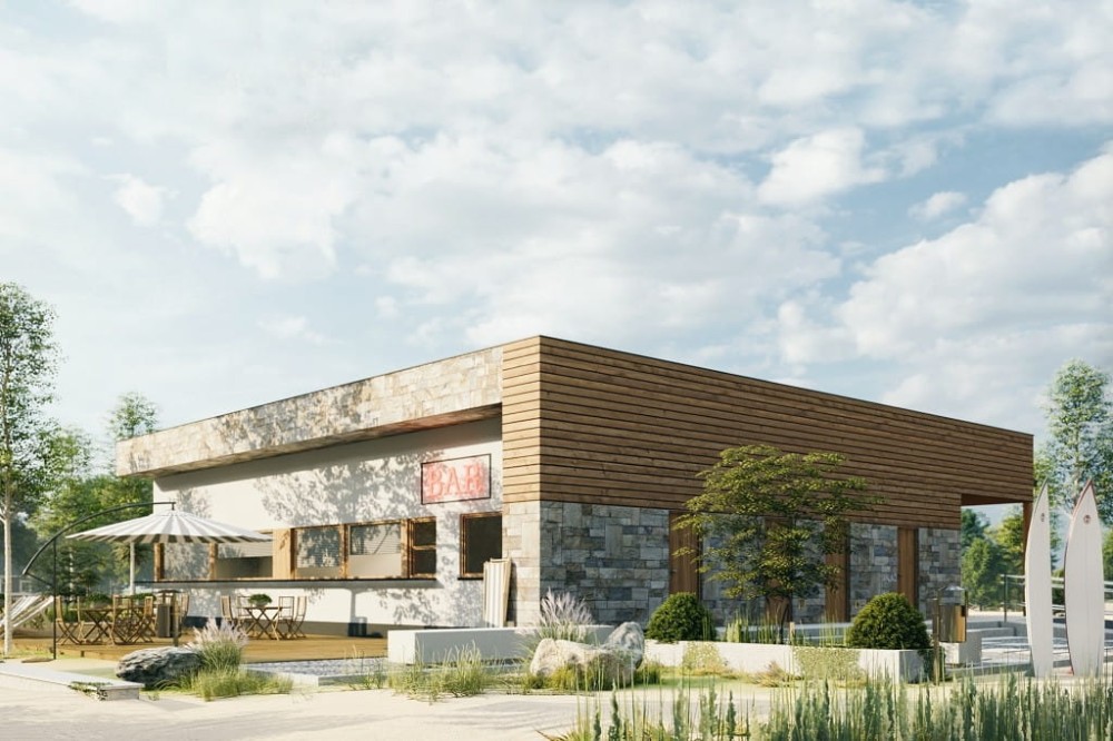Projekt budynku gastronomicznego z zapleczem - sezonowy  K-125, komercyjny parterowy, niepodpiwniczony, bez garażu-kolorystyka wersja 4