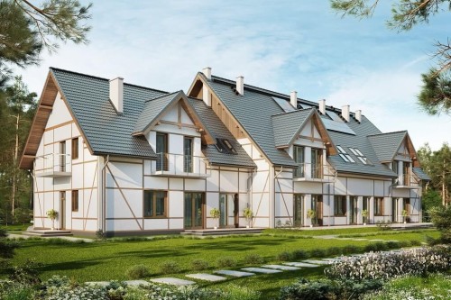 Projekt budynku mieszkalno - pensjonatowego K-114, parterowy z poddaszem użytkowym, bez podpiwniczenia, bez garażu - kolorystyka wersja 1
