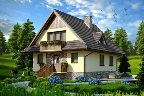 Projekt domu Nidzica DM-6077, parterowy z poddaszem mieszkalnym, bez podpiwniczenia - kolorystyka wersja 1