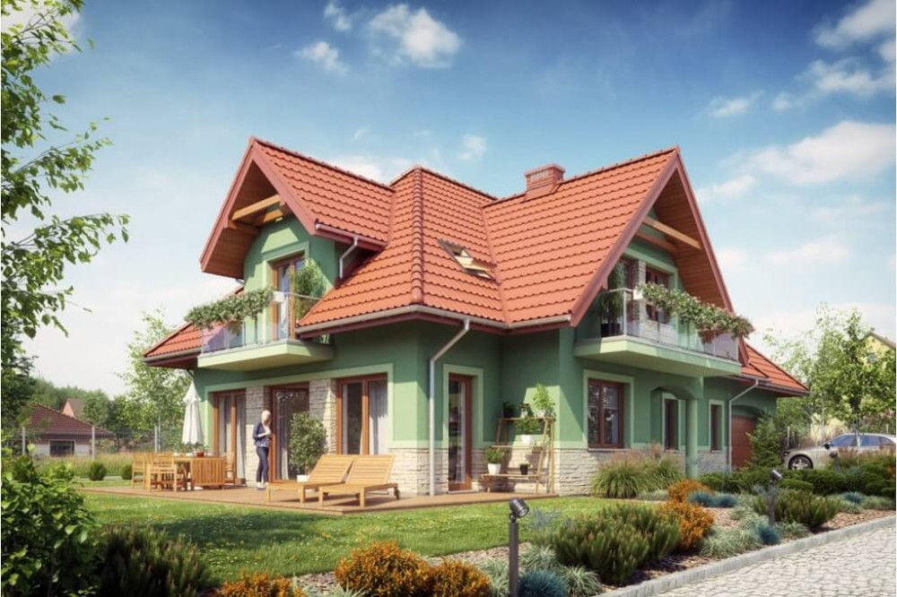 Projekt domu Forsycjowo DM-6614, parterowy, z poddaszem użytkowym, z garażem dwustanowiskowym - kolorystyka wersja 4