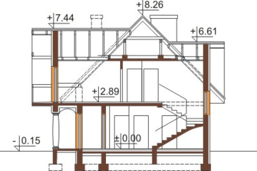 Projekt domu Czułów DM-6350, parterowy z poddaszem mieszkalnym, z garażem dwustanowiskowym, bez podpiwniczenia - przekrój A-A
