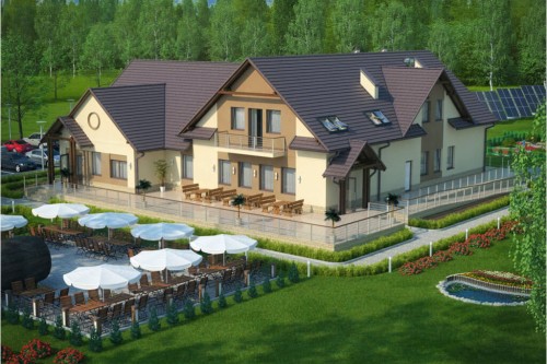 Projekt restauracji, domu weselnego K-52, parterowy z częściowym poddaszem użytkowym, niepodpiwniczony - kolorystyka wersja 2