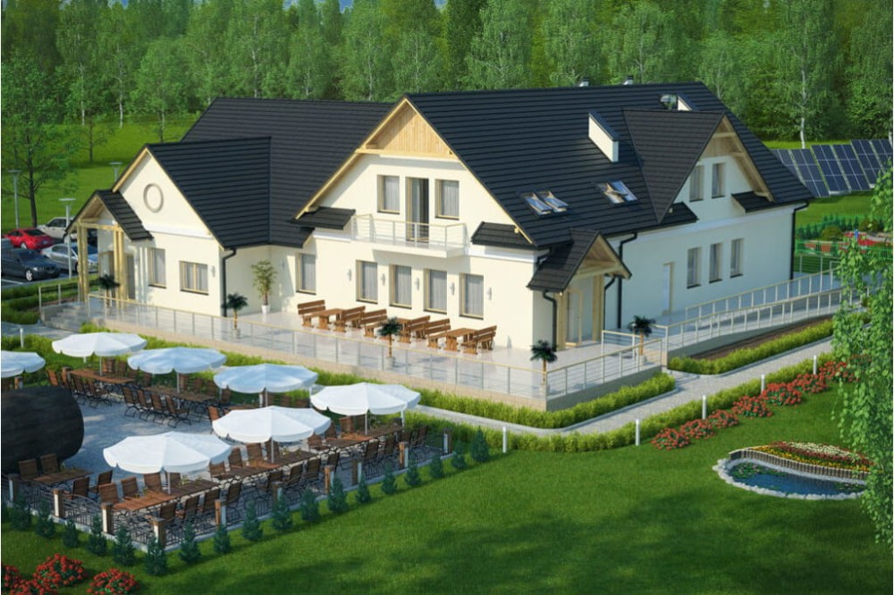 Projekt restauracji, domu weselnego K-52, parterowy z częściowym poddaszem użytkowym, niepodpiwniczony - kolorystyka wersja 3