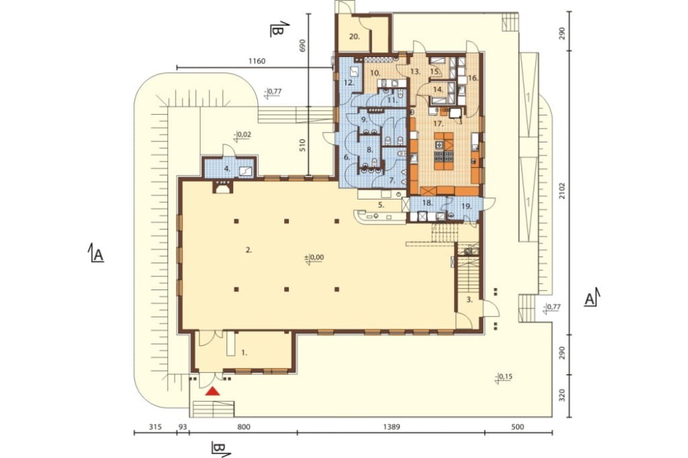 Projekt restauracji, domu weselnego K-52, parterowy z częściowym poddaszem użytkowym, niepodpiwniczony - rzut parteru