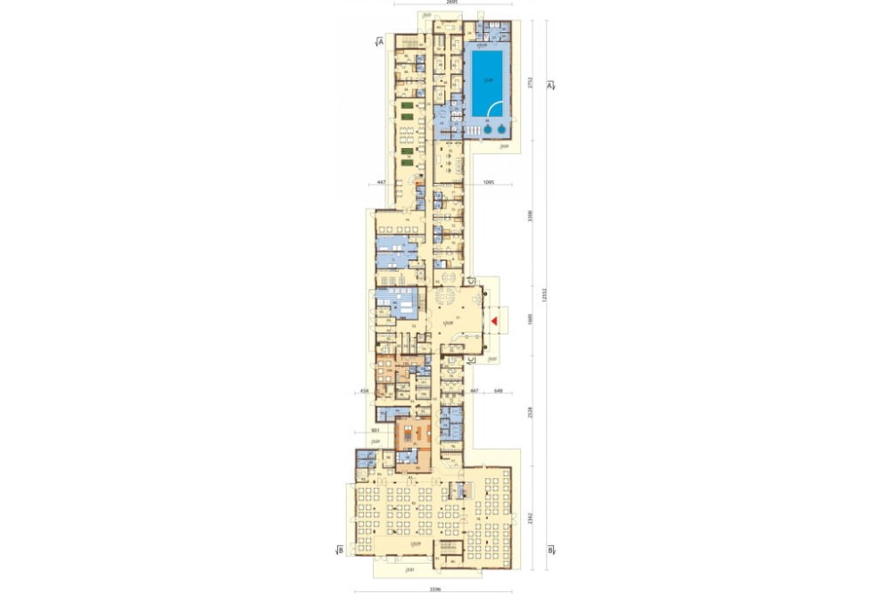 Projekt hotelu LK-81, niepodpiwniczony, trzykondygnacyjny, ze strychem - rzut parteru