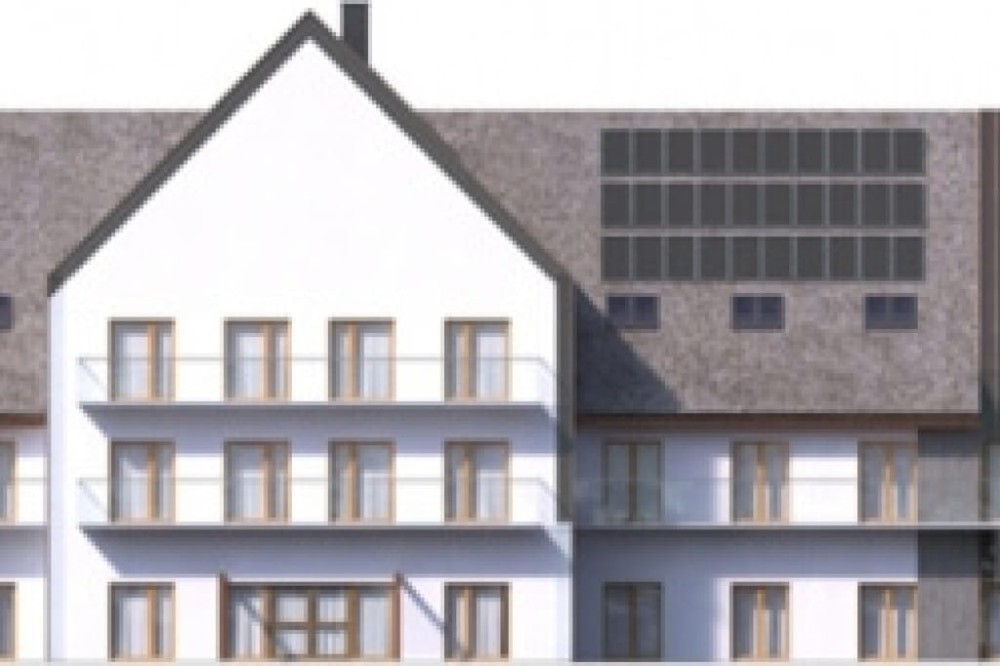 Projekt hotelu LK-81, niepodpiwniczony, trzykondygnacyjny, ze strychem - elewacja frontowa