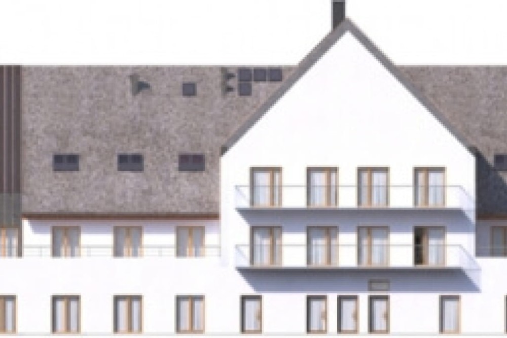 Projekt hotelu LK-81, niepodpiwniczony, trzykondygnacyjny, ze strychem - elewacja ogrodowa