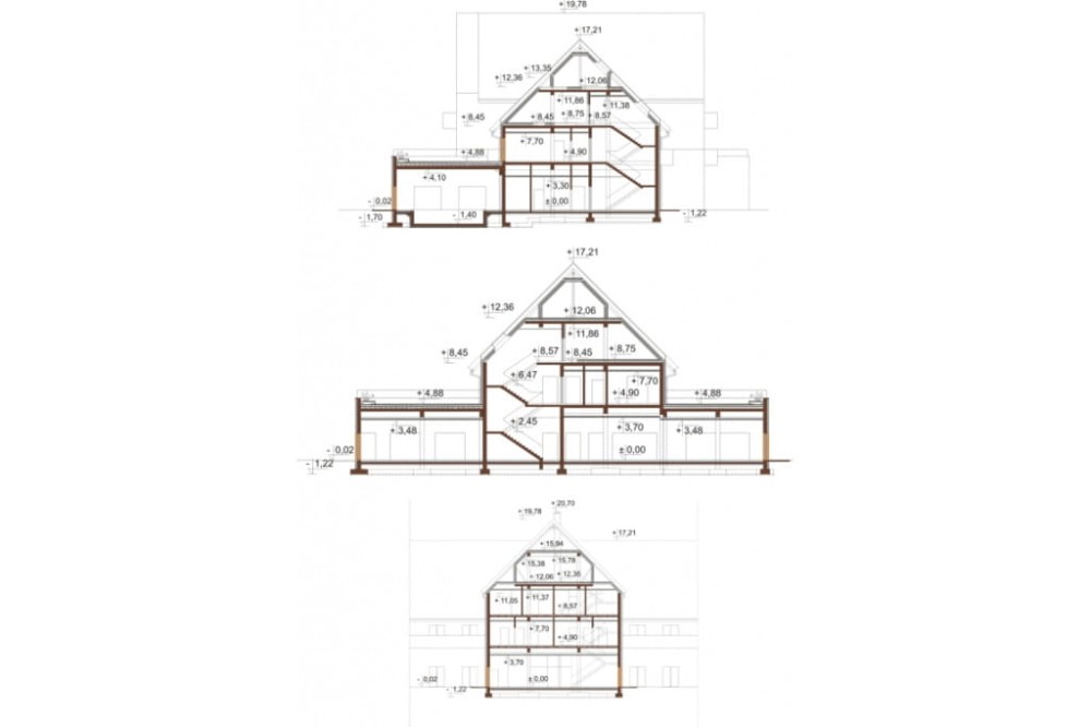 Projekt hotelu LK-81, niepodpiwniczony, trzykondygnacyjny, ze strychem - przekrój A-A