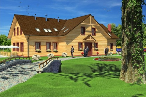 Projekt restauracji K-18, budynek parterowy z poddaszem użytkowym, częściowo podpiwniczony - kolorystyka wersja 1