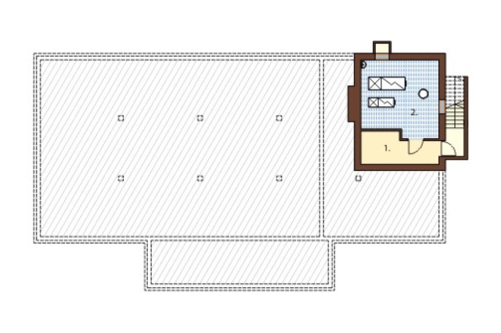 Projekt restauracji K-18, budynek parterowy z poddaszem użytkowym, częściowo podpiwniczony - rzut piwnicy