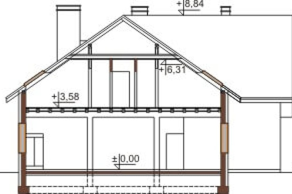 Projekt restauracji K-18, budynek parterowy z poddaszem użytkowym, częściowo podpiwniczony - przekrój A-A