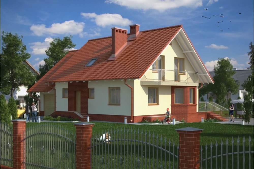 Projekt domu Posadów N DM-6040 N, parterowy z garażem, z poddaszem mieszkalnym, z częściowym podpiwniczeniem - kolorystyka wersja 1