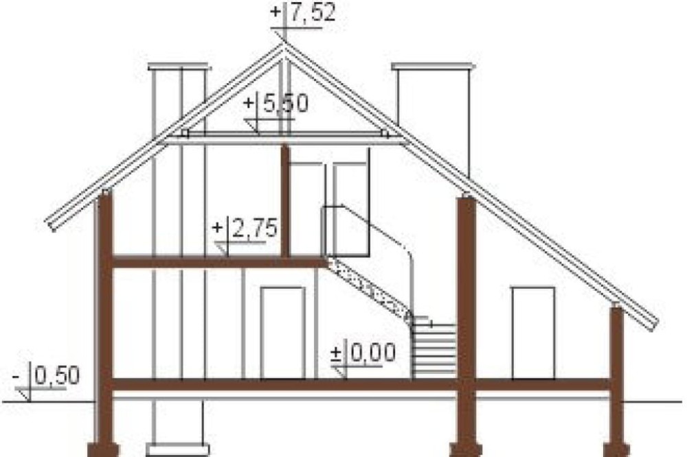 Projekt domu Raszewo DM-5521, parterowy z poddaszem mieszkalnym, z garażem, bez podpiwniczenia - przekrój A-A
