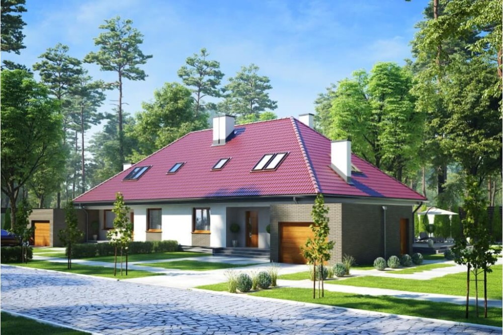 Projekt domu Jastruń DM-6540, parterowy z poddaszem użytkowym, dwurodzinny, w zabudowie bliźniaczej, z garażem, bez podpiwniczenia - kolorystyka wersja 1
