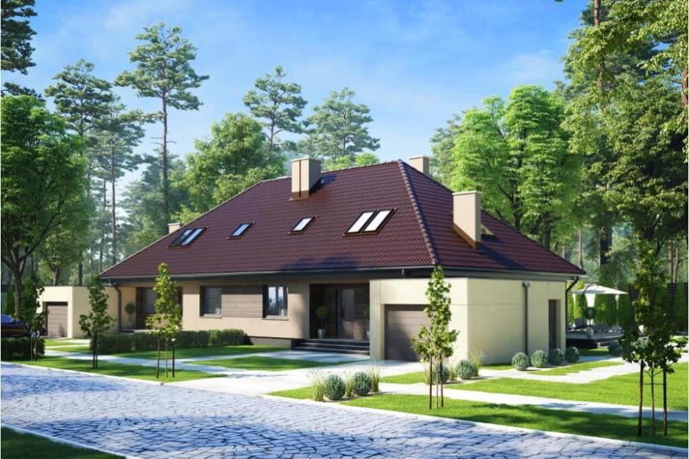 Projekt domu Jastruń DM-6540, parterowy z poddaszem użytkowym, dwurodzinny, w zabudowie bliźniaczej, z garażem, bez podpiwniczenia - kolorystyka wersja 3