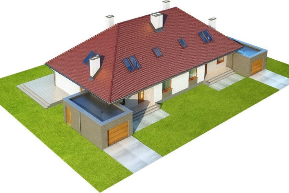 Projekt domu Jastruń DM-6540, parterowy z poddaszem użytkowym, dwurodzinny, w zabudowie bliźniaczej, z garażem, bez podpiwniczenia - model