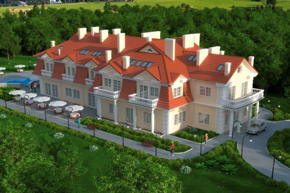 Projekt hotelu, pensjonatu  K-12 B, piętrowy z poddaszem użytkowym, podpiwniczony-kolorystyka wersja 1