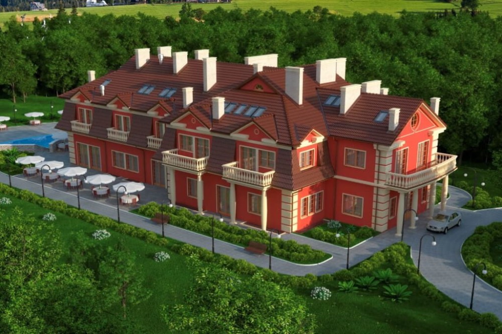 Projekt hotelu, pensjonatu  K-12 B, piętrowy z poddaszem użytkowym, podpiwniczony-kolorystyka wersja 2