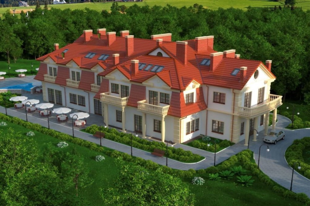 Projekt hotelu, pensjonatu  K-12 B, piętrowy z poddaszem użytkowym, podpiwniczony-kolorystyka wersja 4