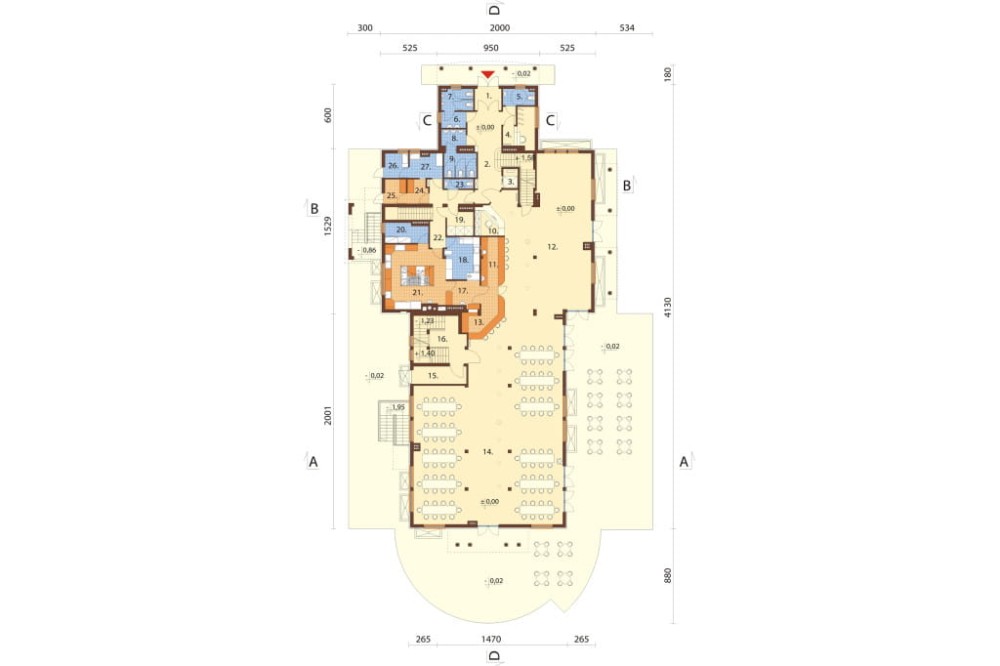 Projekt hotelu, pensjonatu  K-12 B, piętrowy z poddaszem użytkowym, podpiwniczony - rzut parteru