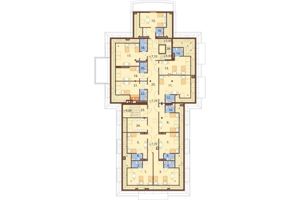 Projekt hotelu, pensjonatu  K-12 B, piętrowy z poddaszem użytkowym, podpiwniczony - rzut poddasza