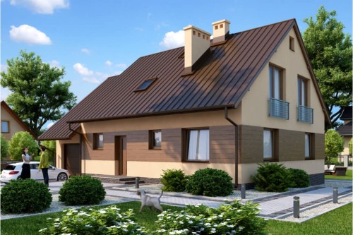 Projekt domu Ruciany DM-6520, parterowy z poddaszem mieszkalnym, z garażem, częściowo podpiwniczony - kolorystyka wersja 2