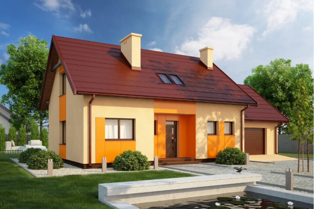Projekt domu Tulipanów DM-6581, parterowy z poddaszem mieszkalnym, bez podpiwniczenia, z garażem - kolorystyka wersja 3