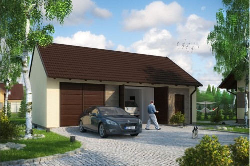 Projekt garażu dwustanowiskowego ZG-89, parterowy, niepodpiwniczony - kolorystyka wersja 1