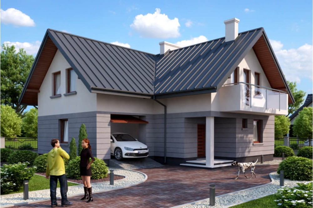 Projekt domu Rzezawa DM-6374, parterowy z poddaszem mieszkalnym, bez podpiwniczenia, z garażem - kolorystyka wersja 2