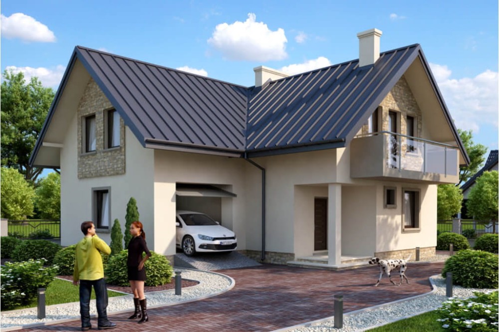 Projekt domu Rzezawa DM-6374, parterowy z poddaszem mieszkalnym, bez podpiwniczenia, z garażem - kolorystyka wersja 3