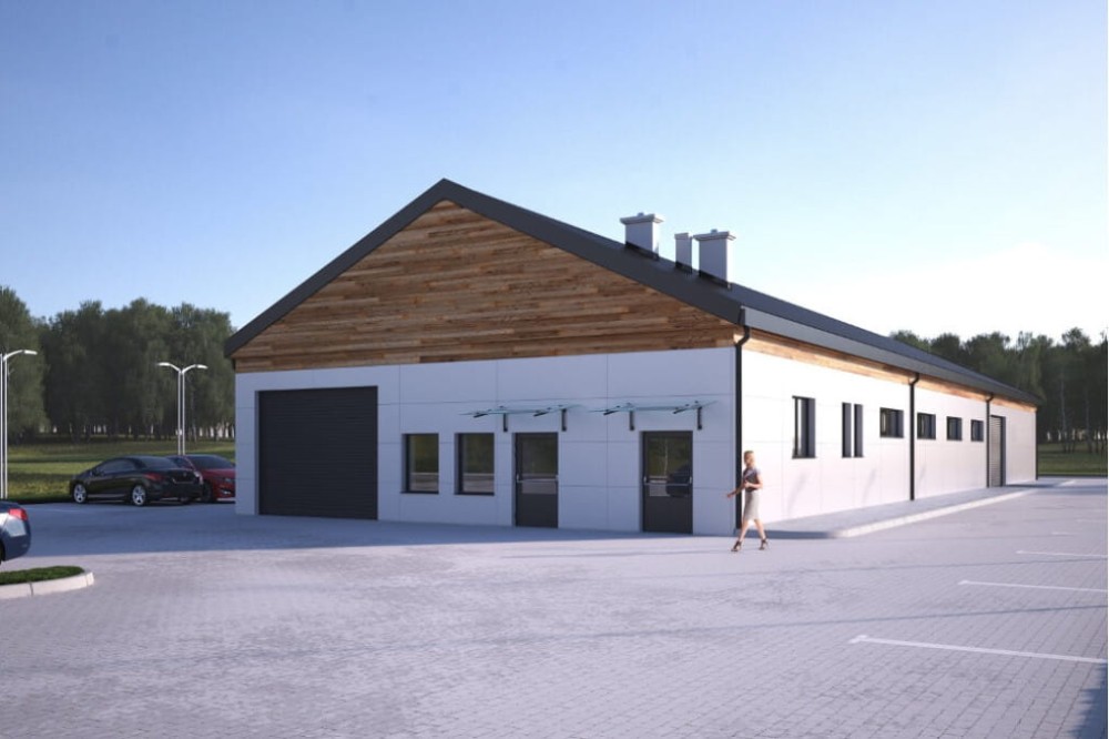 Projekt hali magazynowej K-94, jednokondygnacyjny, parterowy, bez podpiwniczenia - kolorystyka wersja 1