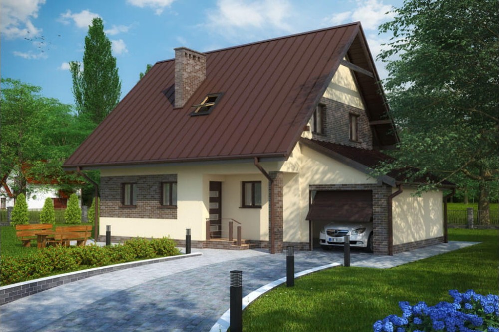 Projekt domu Komańcza DM-6277, parterowy z garażem, z poddaszem mieszkalnym, częściowo podpiwniczony - kolorystyka wersja 2