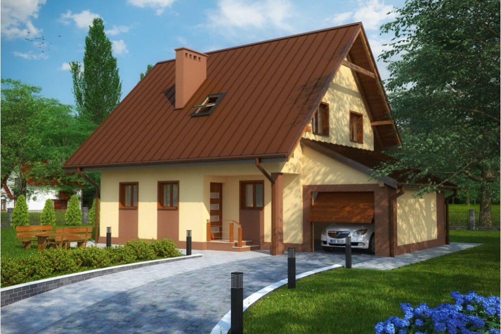 Projekt domu Komańcza DM-6277, parterowy z garażem, z poddaszem mieszkalnym, częściowo podpiwniczony - kolorystyka wersja 4