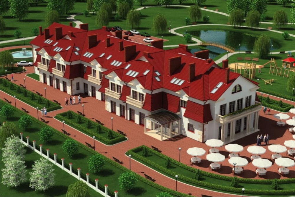 Projekt hotelu K-21, budynek piętrowy z poddaszem użytkowym, bez podpiwniczenia - kolorystyka wersja 1