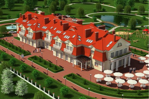 Projekt hotelu K-21, budynek piętrowy z poddaszem użytkowym, bez podpiwniczenia - kolorystyka wersja 2