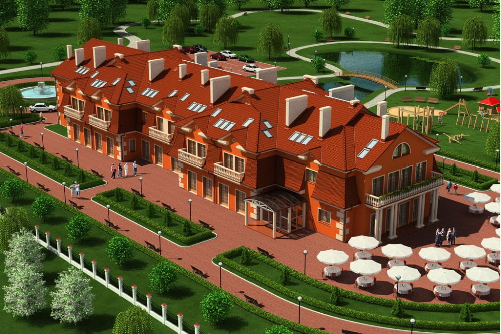 Projekt hotelu K-21, budynek piętrowy z poddaszem użytkowym, bez podpiwniczenia - kolorystyka wersja 4