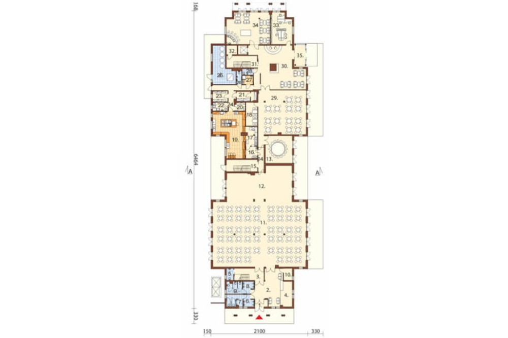 Projekt hotelu K-21, budynek piętrowy z poddaszem użytkowym, bez podpiwniczenia - rzut parteru