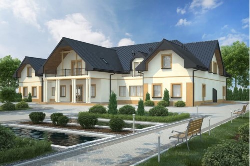 Projekt budynku gastronomicznego z zapleczem noclegowym K-87, parterowy z poddaszem użytkowym, częściowo podpiwniczony - kolorystyka wersja 1