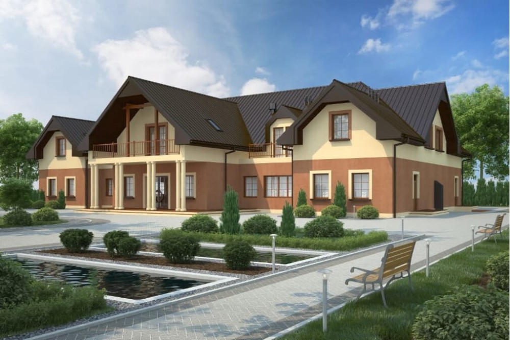 Projekt budynku gastronomicznego z zapleczem noclegowym K-87, parterowy z poddaszem użytkowym, częściowo podpiwniczony - kolorystyka wersja 4