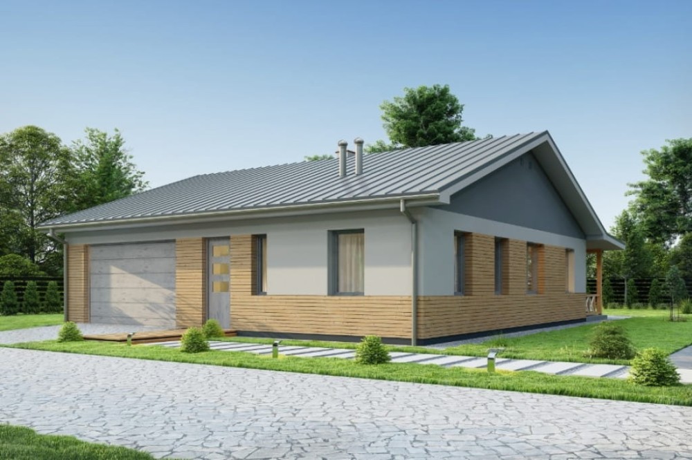 Projekt domu Ariona DM-6728,  parterowy, niepodpiwniczony, z garażem jednostanowiskowym - kolorystyka wersja 1