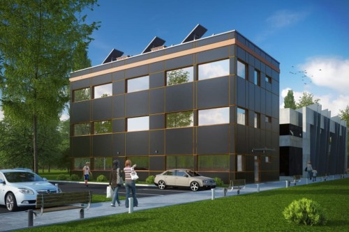 Projekt budynku biurowego K-48, dwupietrowy, bez podpiwniczenia - kolorystyka wersja 1