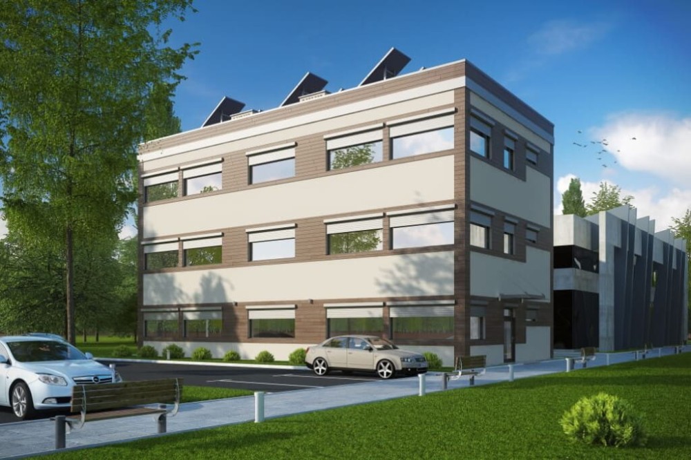 Projekt budynku biurowego K-48, dwupietrowy, bez podpiwniczenia - kolorystyka wersja 3
