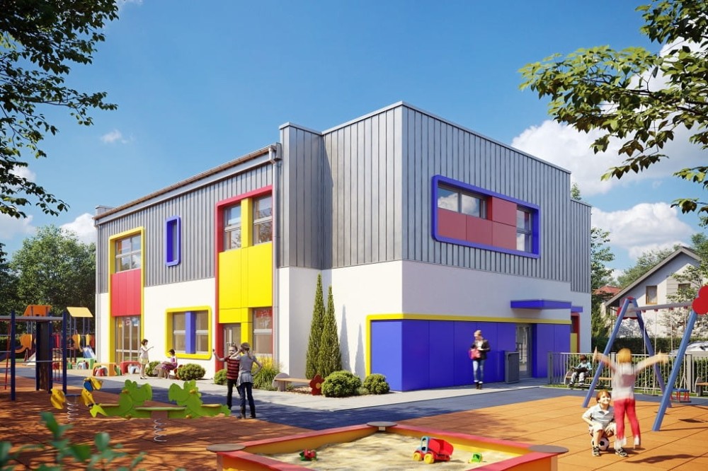 Projekt przedszkola K-115, piętrowy, bez podpiwniczenia i garażu-kolorystyka wersja 2