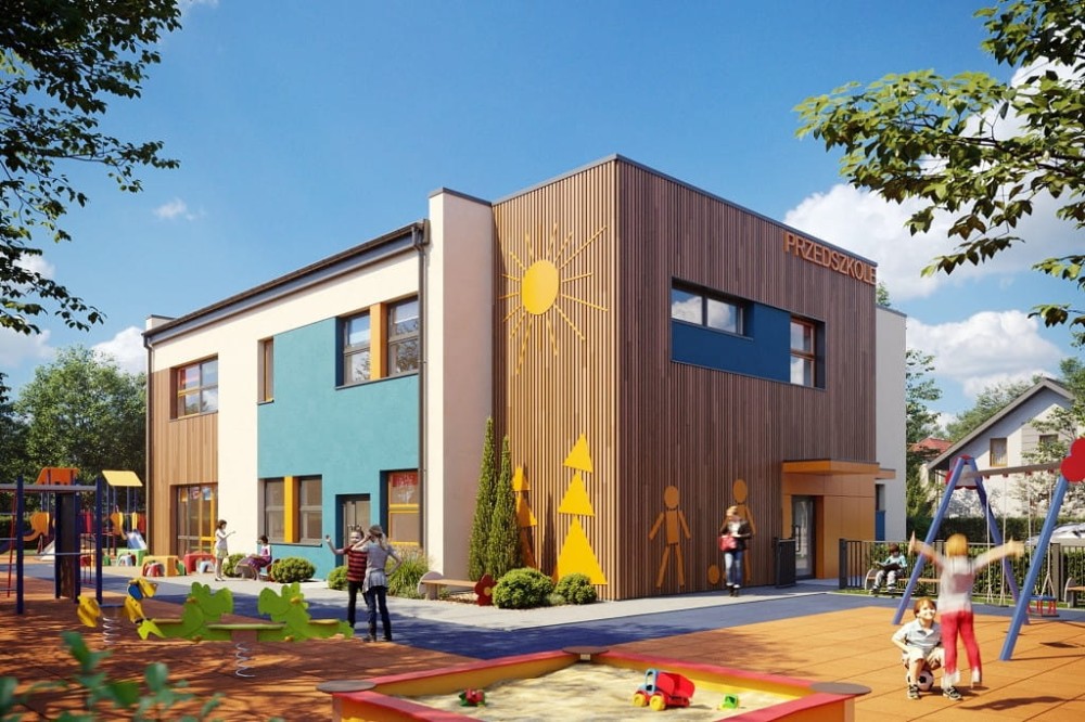 Projekt przedszkola K-115, piętrowy, bez podpiwniczenia i garażu-kolorystyka wersja 3